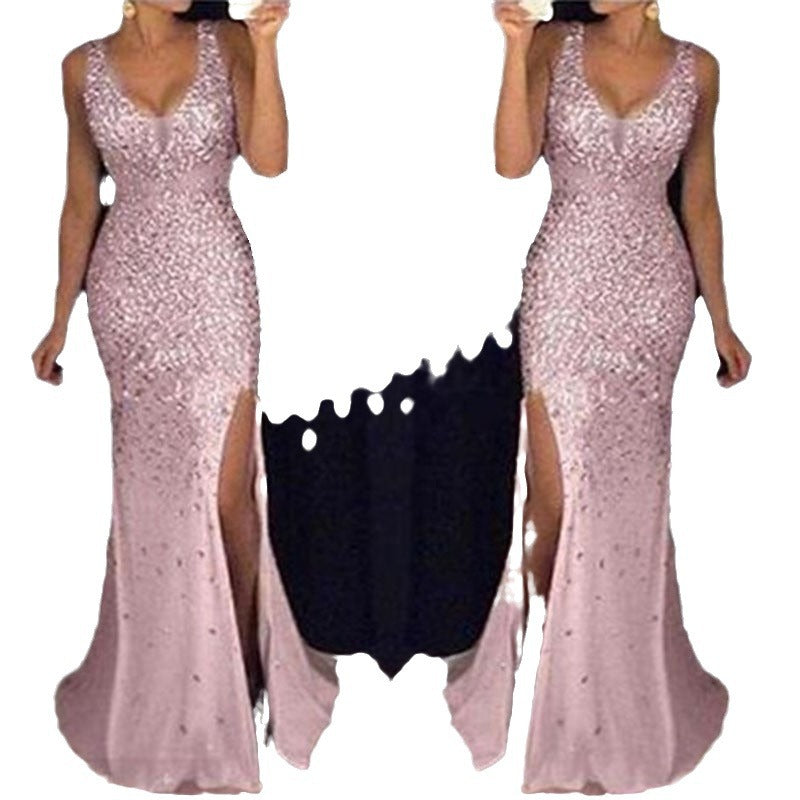 Damen Funkelndes Abendkleid mit tiefem V-Ausschnitt und seitlichem Schlitz WW