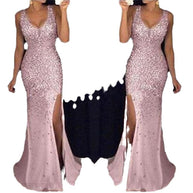 Damen Funkelndes Abendkleid mit tiefem V-Ausschnitt und seitlichem Schlitz WW
