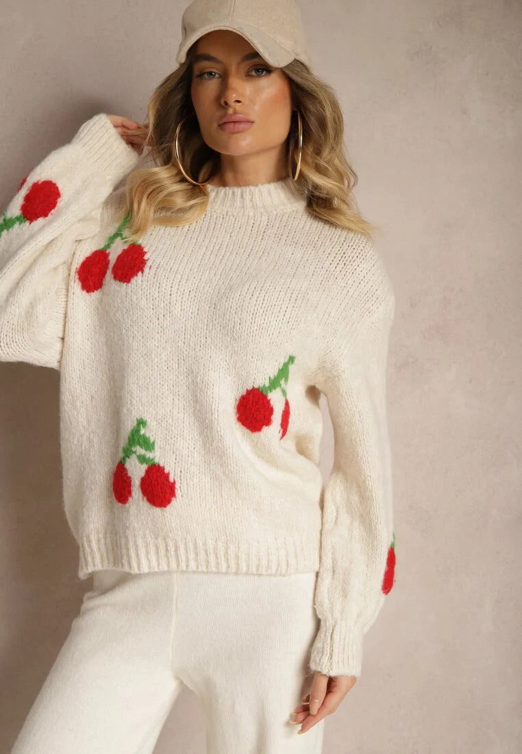 Damen Strickpullover mit fruchtigem Kirschmotiv und lässigem Schnitt WW