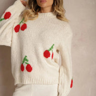 Damen Strickpullover mit fruchtigem Kirschmotiv und lässigem Schnitt WW