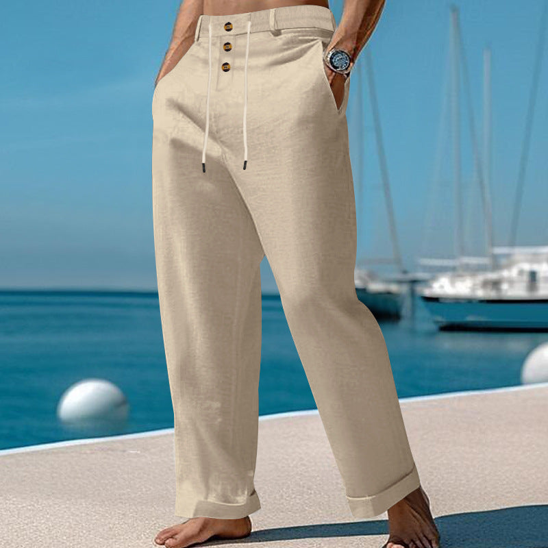 Herren lässige Leinenhose mit praktischen Knöpfen und elastischem Bund W&W Mode