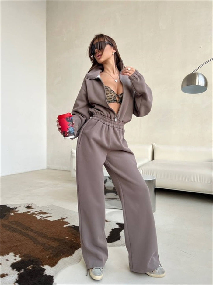 Damen sportliches Fleece-Set mit hohem Kragen und lockeren Hosen WW