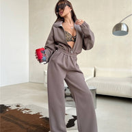 Damen sportliches Fleece-Set mit hohem Kragen und lockeren Hosen WW