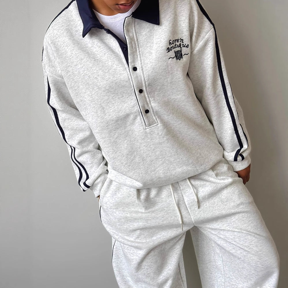 Damen sportlicher Freizeitanzug mit modischem Kragen und weiten Beinen WW