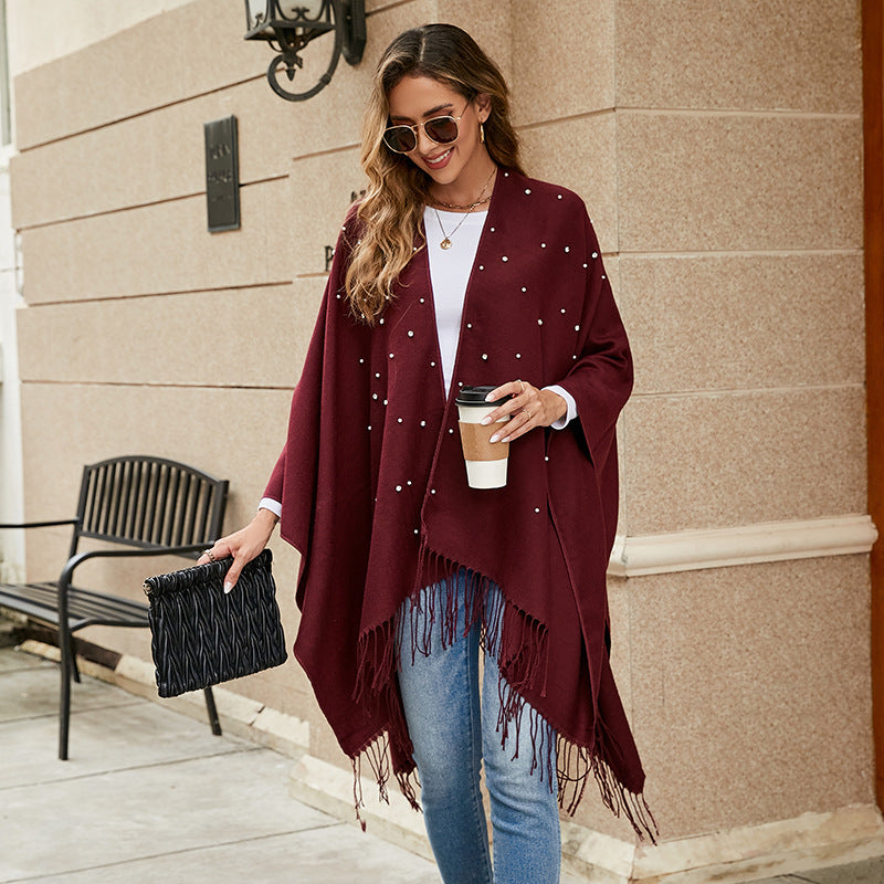 Damen Eleganter Poncho mit floralem Stickmuster und fransigen Kanten WW