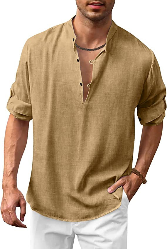 Herren Casual Leinenhemd mit modischem V-Ausschnitt und funktionalen Knopfdetails WW