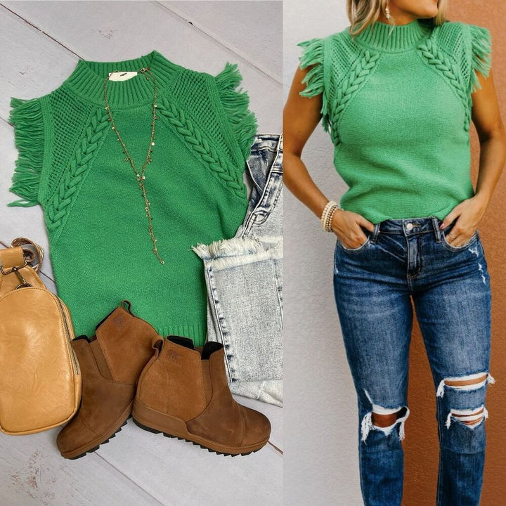 Damen elegantes Stricktop mit raffiniertem Häkelmuster und Fransen W&W Mode