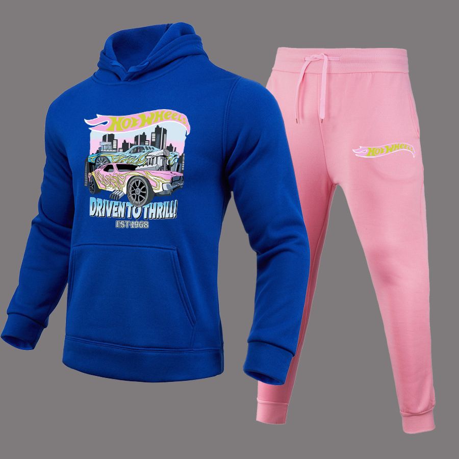 Damen bequemer Kapuzenpullover und Jogginghose Set mit auffälligem Auto-Motiv WW