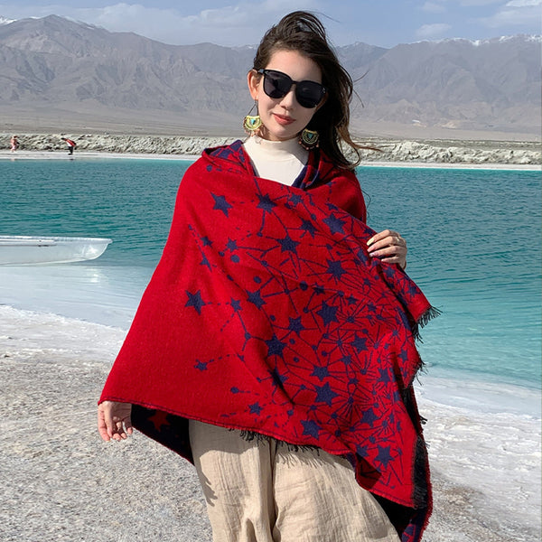 Damen Cape-Tuch mit elegantem Sternenmotiv und Kapuze WW
