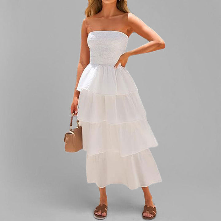 Damen Maxikleid mit schulterfreiem Design und voluminösen Rüschenschichten W&W Mode