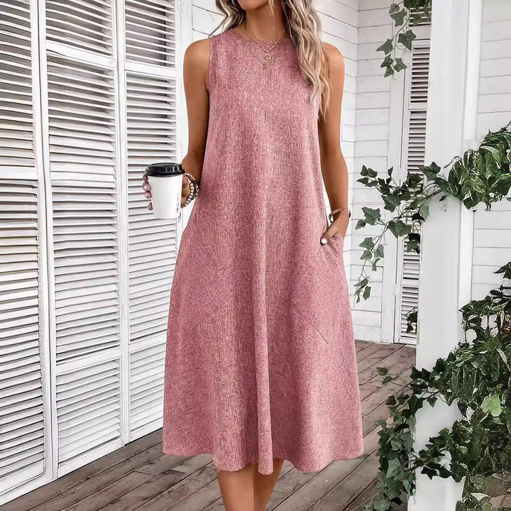 Damen lässiges Midi-Kleid mit tiefem Ausschnitt und praktischen Taschen W&W Mode