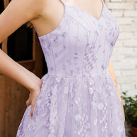 WW | V-Ausschnitt Träger Abendkleid Mesh Bestickter Rücken Freie Elegante Abendkleid Tanzkleid Festkleid Brautjungfernkleid