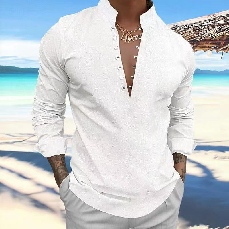Herren Langarmshirt mit kreativem Knopfdesign und modernem Stehkragen WW