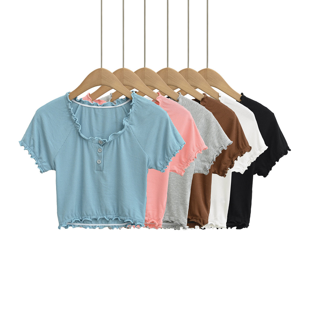 Damen cropped T-Shirt mit Rüschendetails und Knopfleiste WW