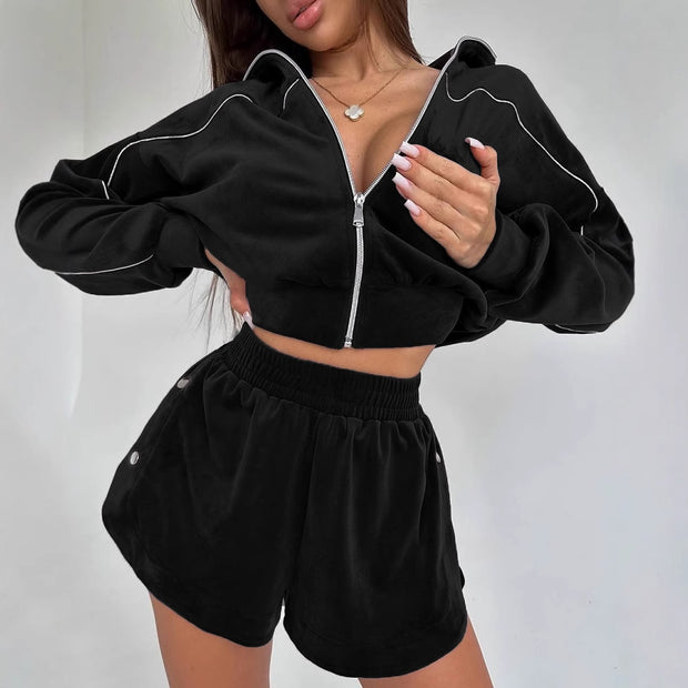 Damen sportliches Velours-Crop-Top und Shorts Set WW