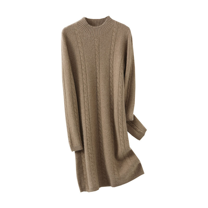 Damen Strickkleid mit elegantem Zopfdesign und hohem Kragen WW