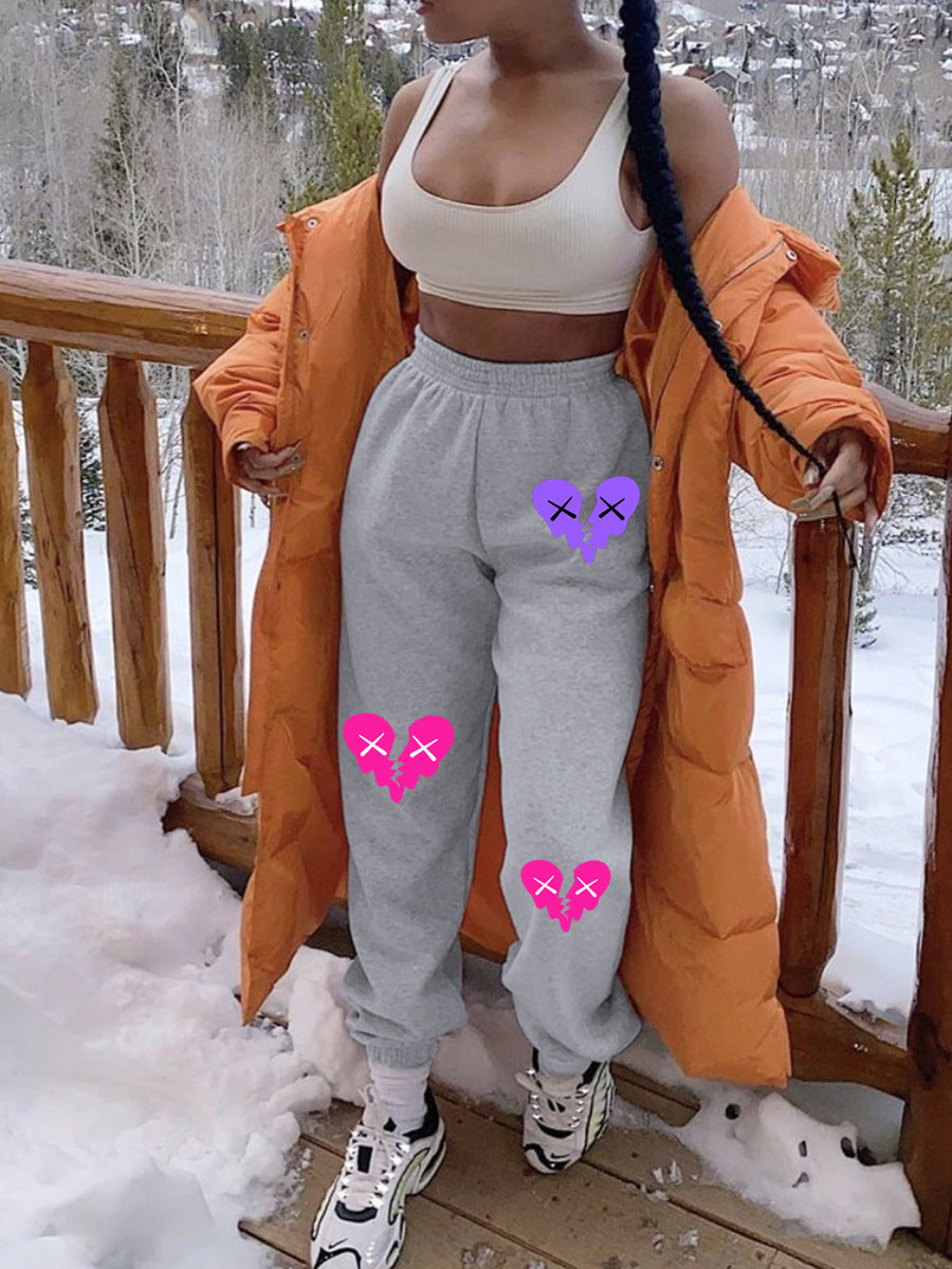Damen Bequeme Sweatpants mit kreativen Herzmotiven WW
