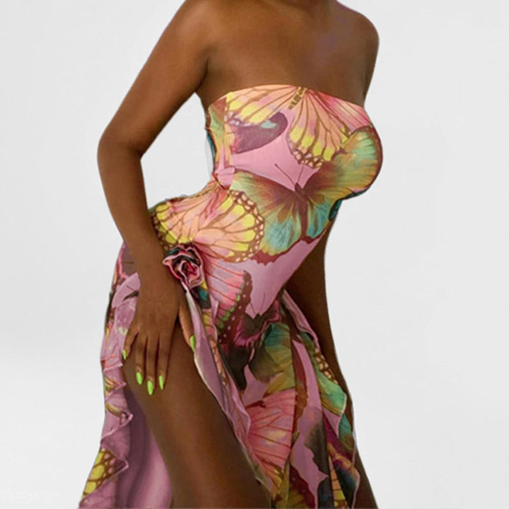Damen Strandkleid mit asymmetrischem Schnitt und buntem Schmetterlingsdesign W&W Mode