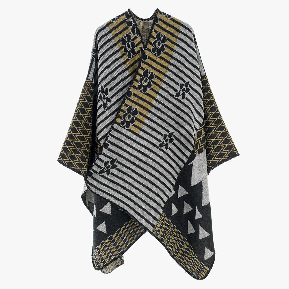 Damen Eleganter Poncho mit grafischem Muster und weichen Fransen WW
