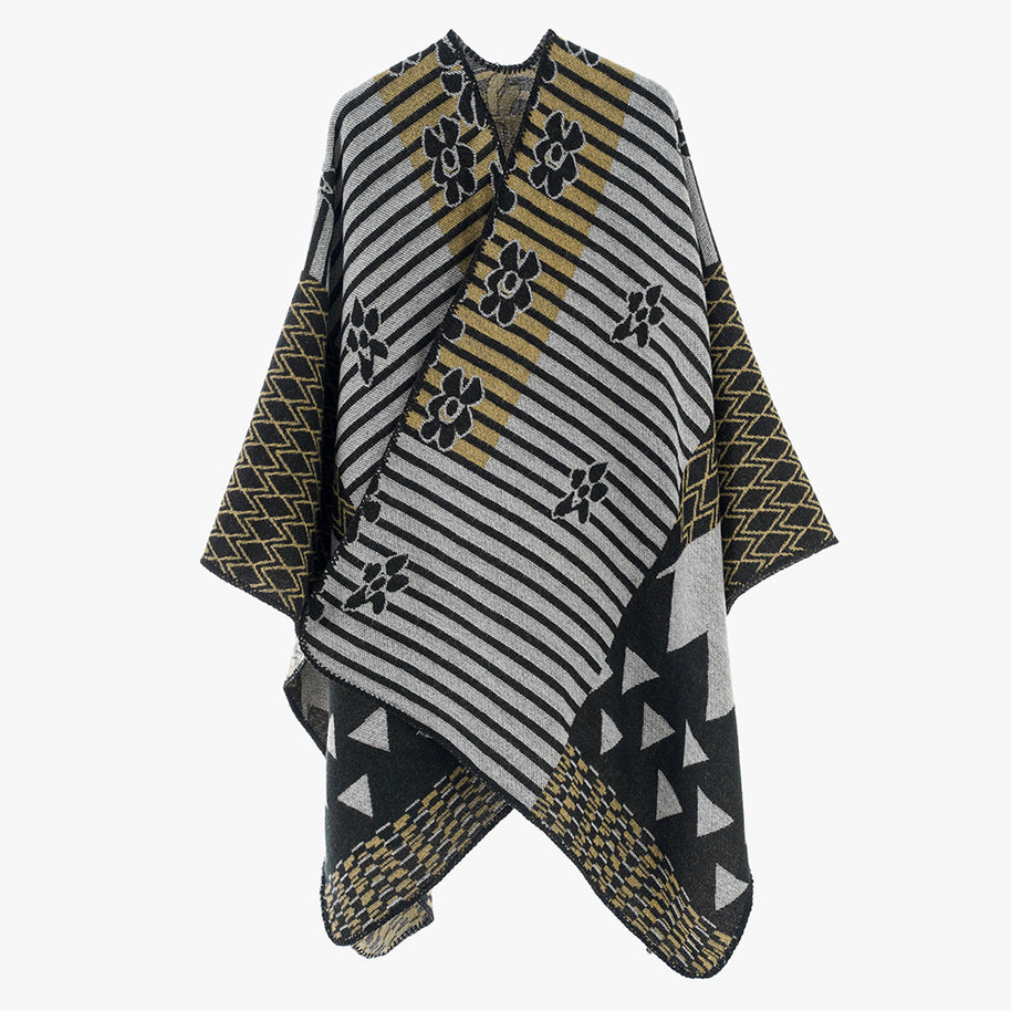 Damen Eleganter Poncho mit grafischem Muster und weichen Fransen WW