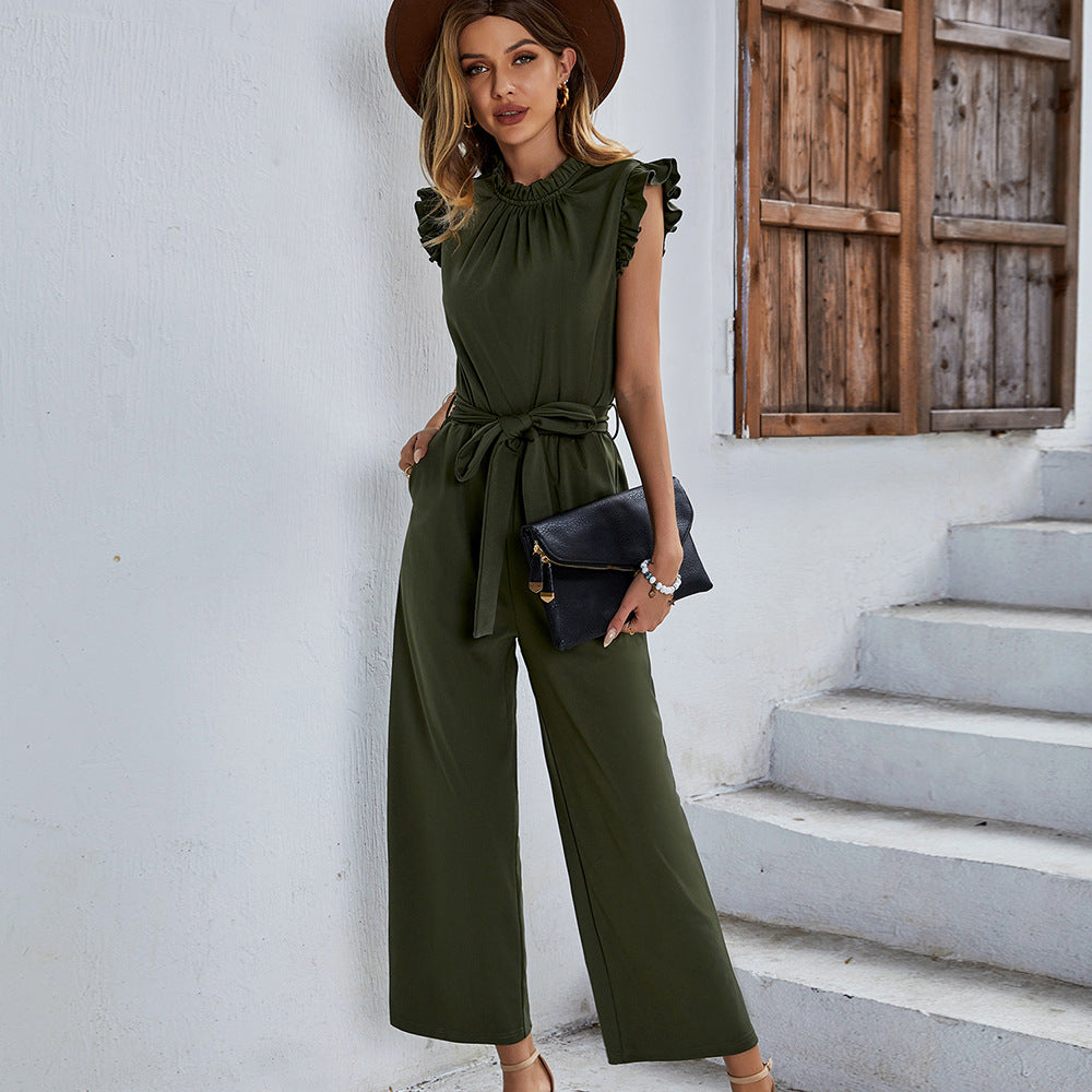 Damen eleganter Jumpsuit mit Rüschendetails und taillierbarem Gürtel WW