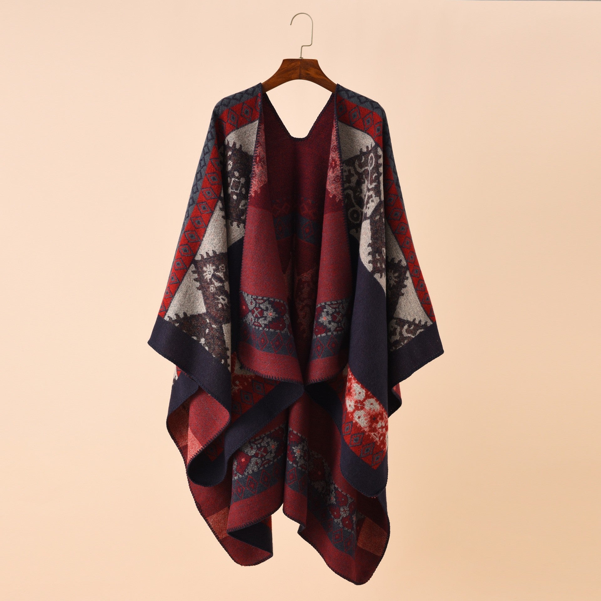 Damen Modischer Poncho mit kunstvollem Muster und fransigen Kanten WW