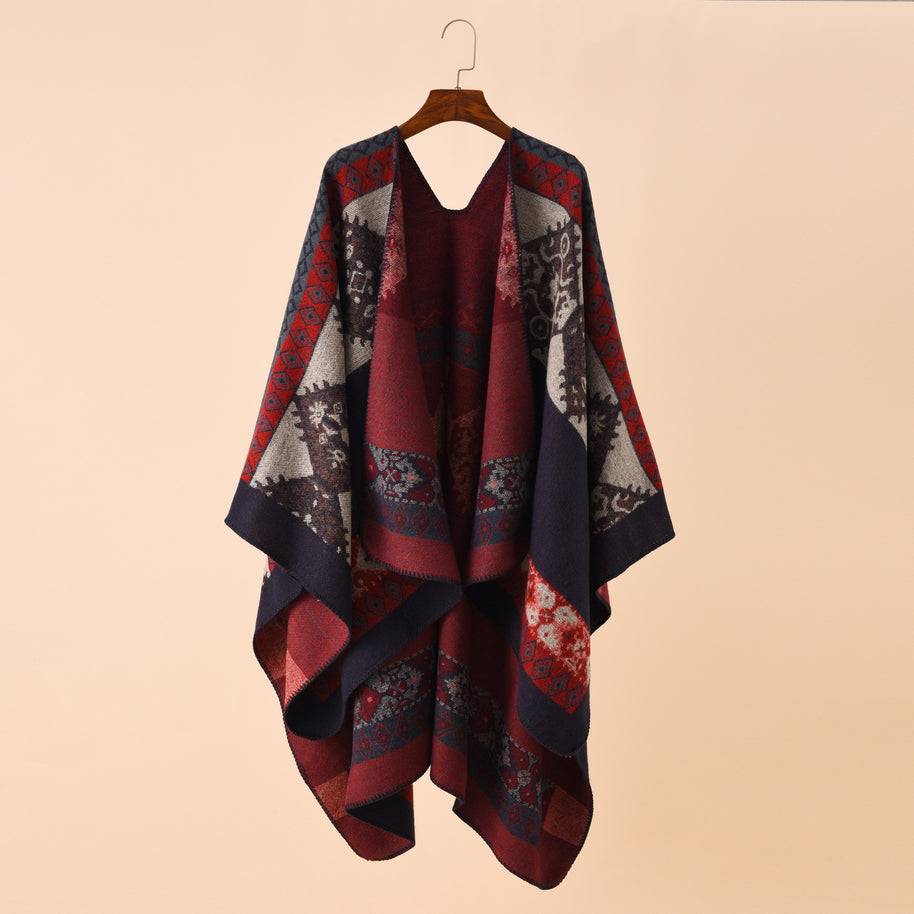 Damen Modischer Poncho mit kunstvollem Muster und fransigen Kanten WW