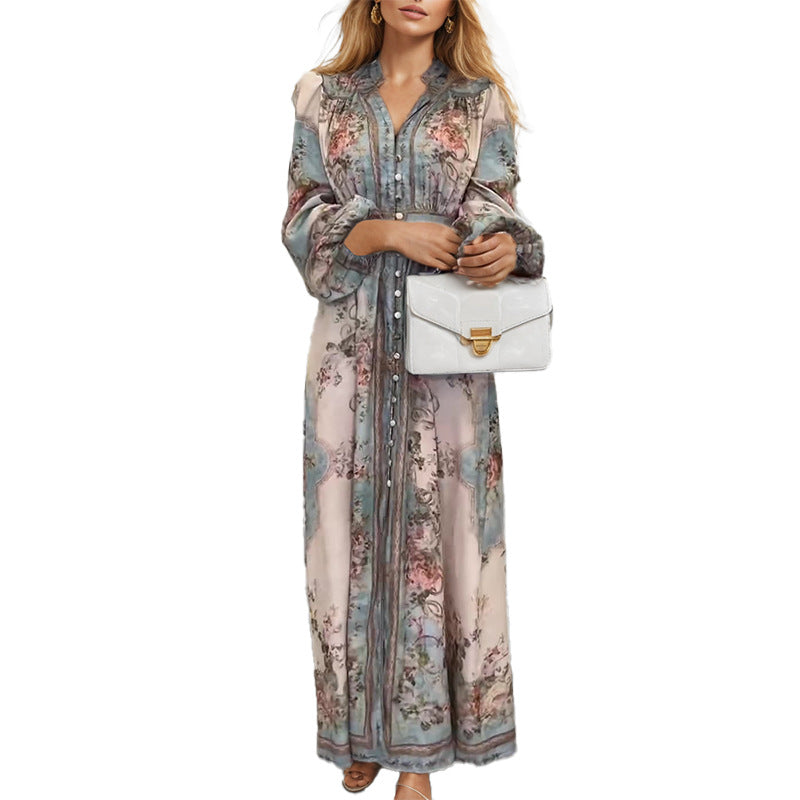 Damen Elegantes Maxikleid mit kunstvollem floralem Design und tailliertem Gürtel W&W Mode