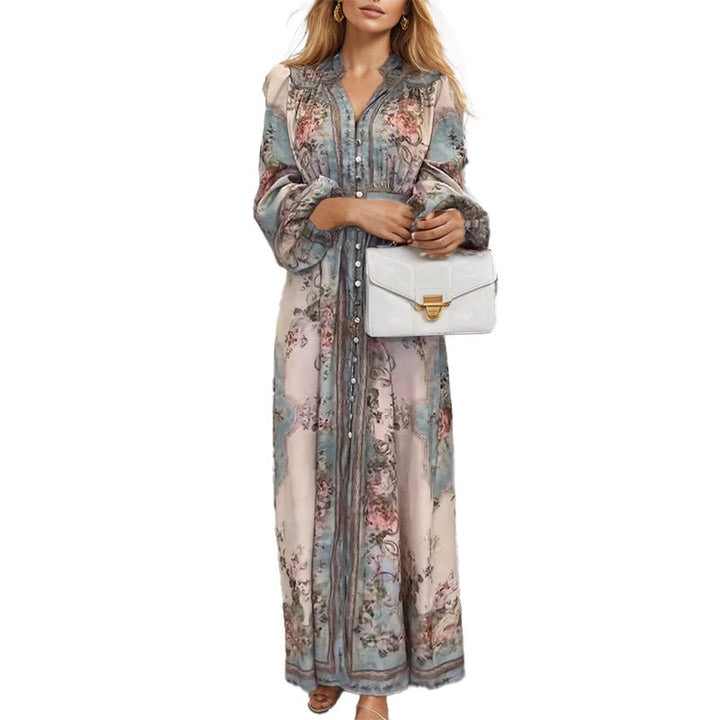 Damen Elegantes Maxikleid mit kunstvollem floralem Design und tailliertem Gürtel W&W Mode