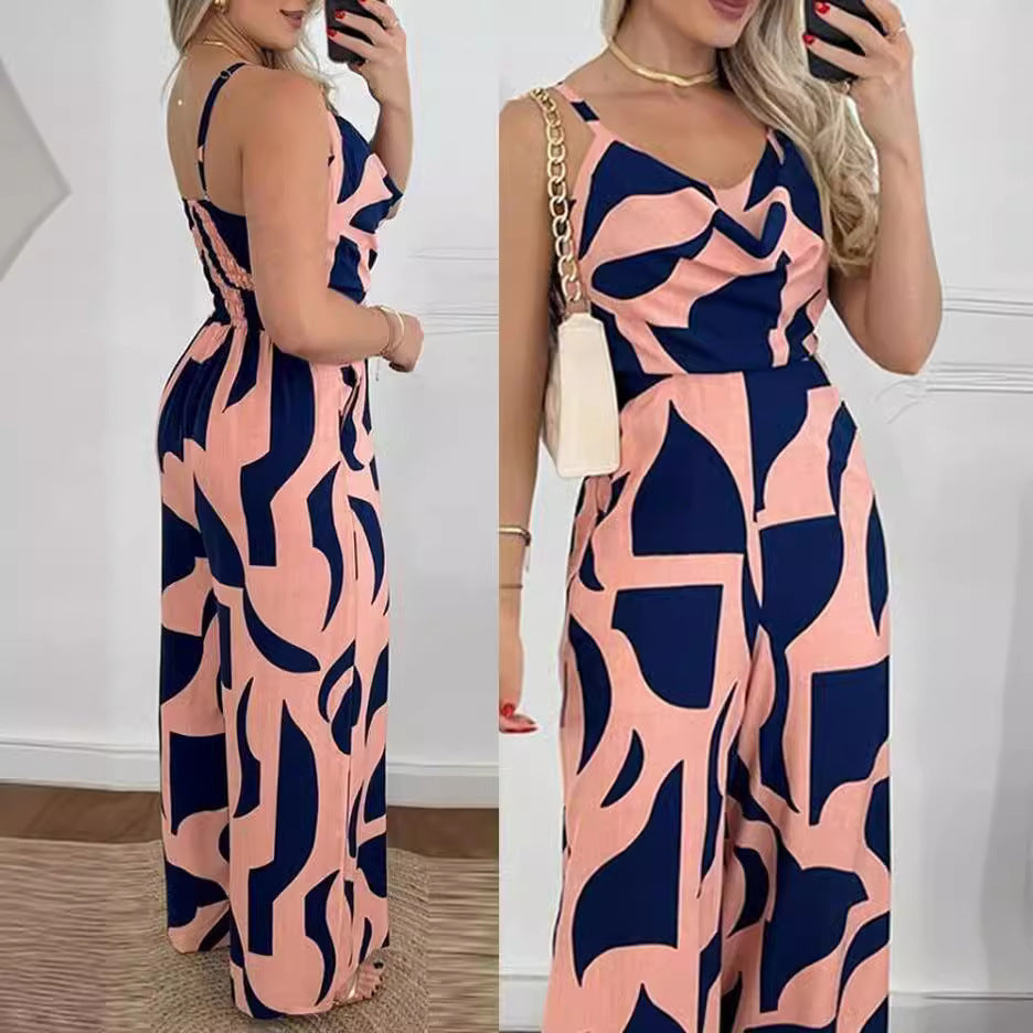 Damen Eleganter Jumpsuit mit fließendem Stoff und modischem Blumenmuster WW