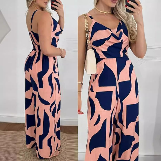 Damen Eleganter Jumpsuit mit fließendem Stoff und modischem Blumenmuster WW