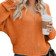 Damen Grobstrickpullover mit tiefem V-Ausschnitt und lockerer Passform WW