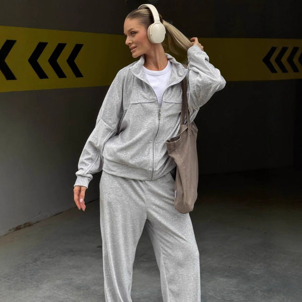 Damen sportlicher Velours-Loungewear-Anzug mit breiten Hosen WW