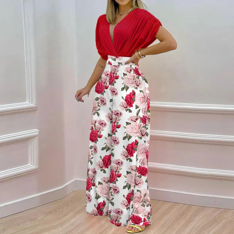 Damen Jumpsuit mit tiefem V-Ausschnitt und weitem Bein W&W Mode