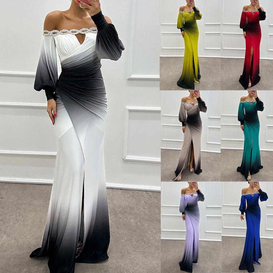 Damen Off-Shoulder Abendkleid mit drapierter Taille und funkelnden Applikationen WW