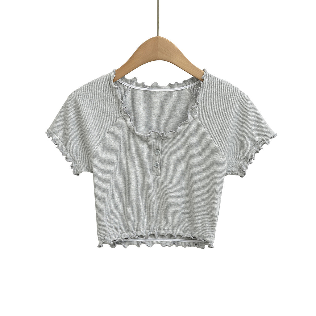 Damen cropped T-Shirt mit Rüschendetails und Knopfleiste WW