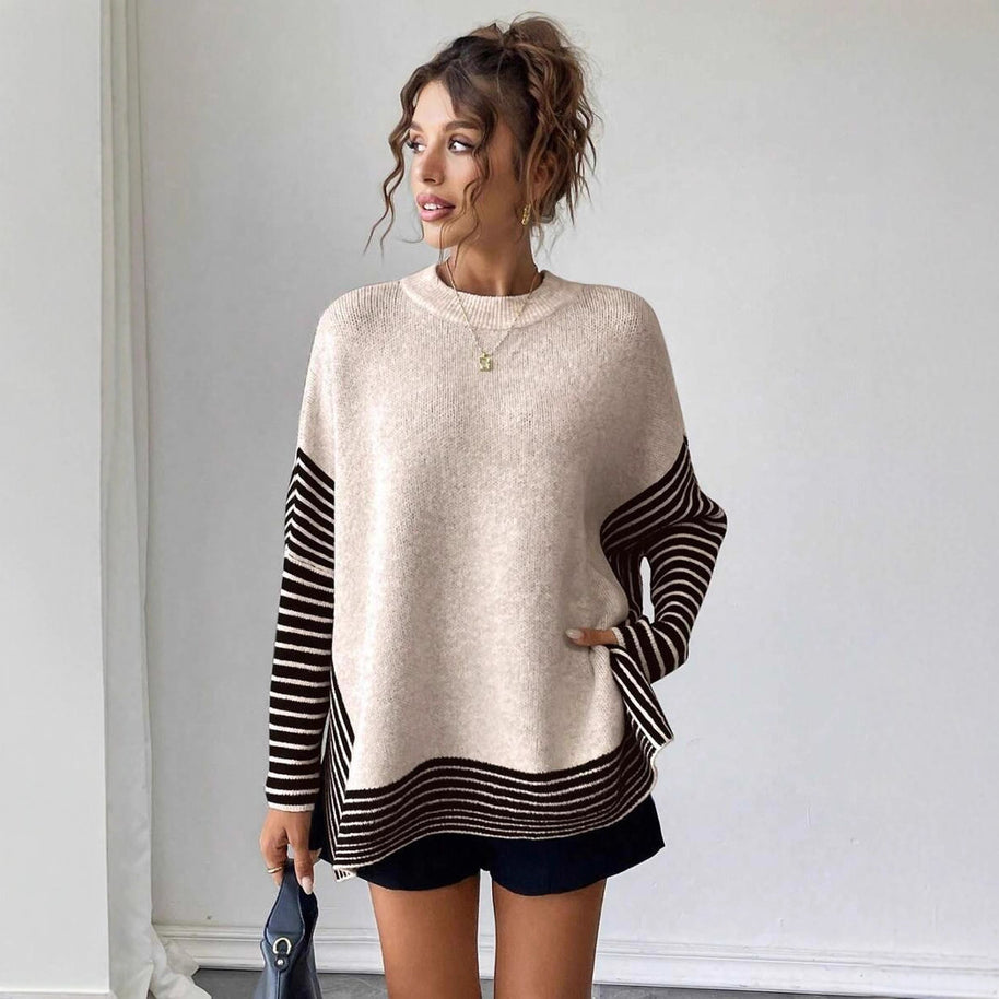 Damen Strickpullover mit modernem Streifenmuster und oversized Schnitt WW
