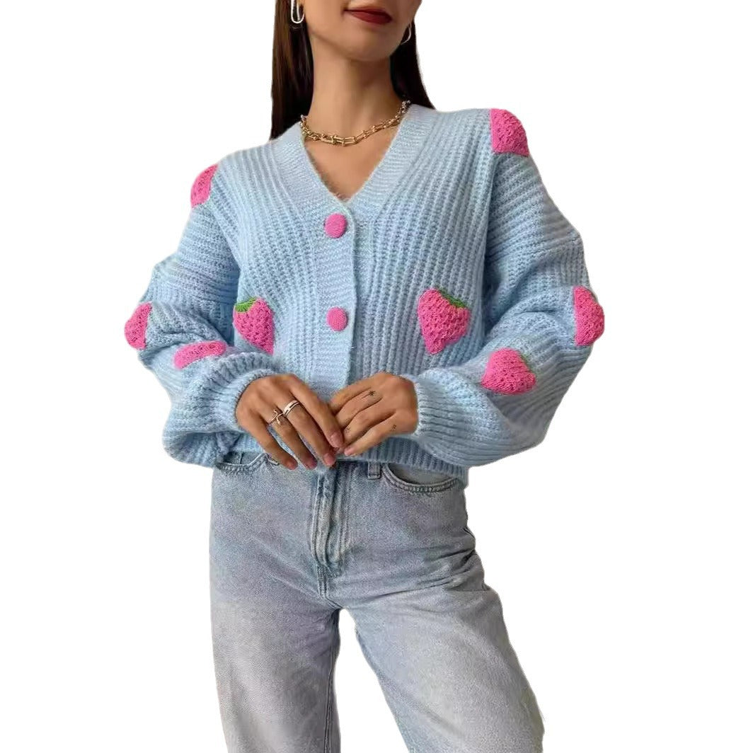 Damen Strickjacke mit fruchtigem Applikationsdesign WW