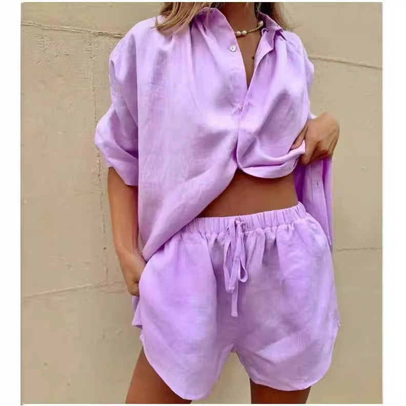 Damen Leinenbluse und Shorts-Set mit lockerer Passform und elastischem Bund W&W Mode