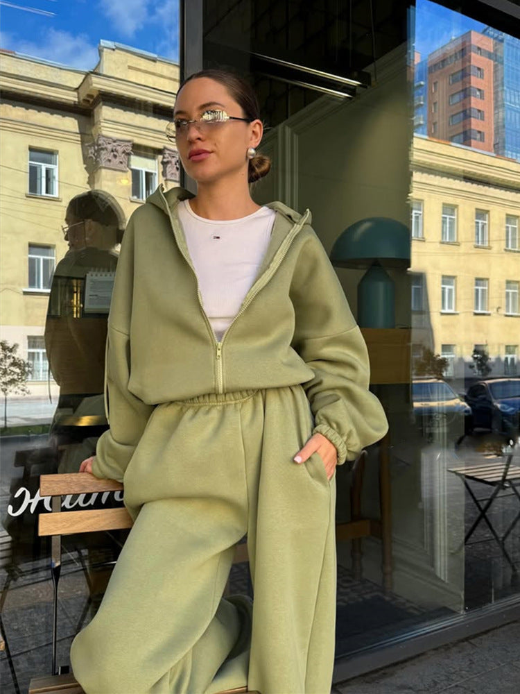 Damen bequemer Fleece-Trainingsanzug mit hohem Kragen und elastischen Bündchen WW