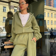 Damen bequemer Fleece-Trainingsanzug mit hohem Kragen und elastischen Bündchen WW
