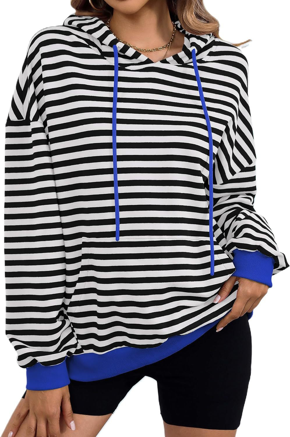 Damen gestreifter Kapuzenpullover mit stylischer Kängurutasche W&W Mode