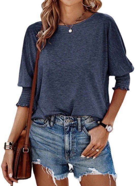 Damen lässiges Oversized T-Shirt mit modischen Puffärmeln und Rundhalsausschnitt WW