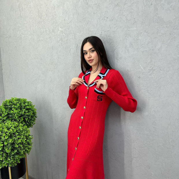 Damen Strickkleid mit eleganter Knopfleiste und Hemdkragen WW