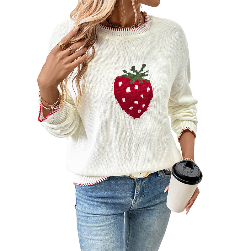 Damen Strickpullover mit fruchtigem Erdbeer-Motiv und lässigem Schnitt WW