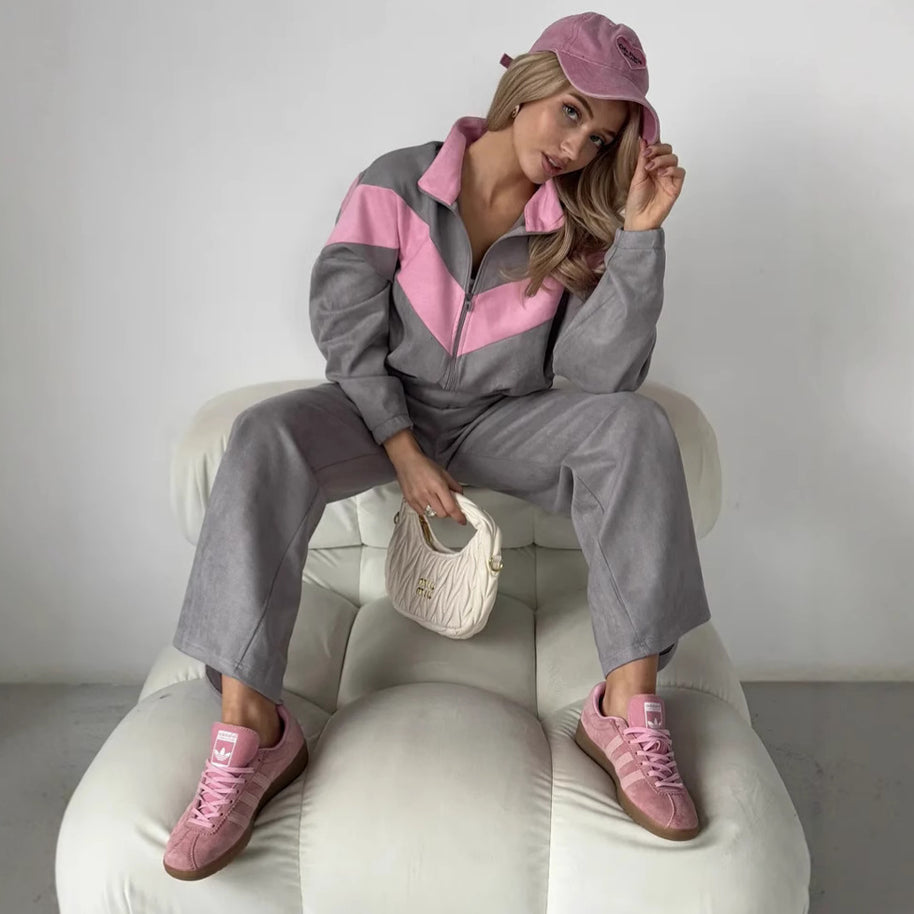 Damen sportlicher Fleece-Loungewear-Anzug mit Reißverschluss WW