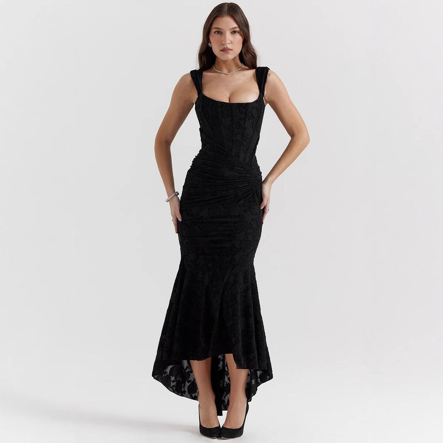Damen Elegantes Maxikleid mit floralem Relief und asymmetrischem Saum WW