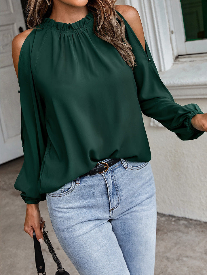 Damen schickes Oberteil mit schulterfreien Einsätzen und eleganten Rüschendetails WW
