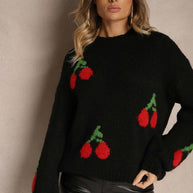Damen Strickpullover mit fruchtigem Kirschmotiv und lässigem Schnitt WW