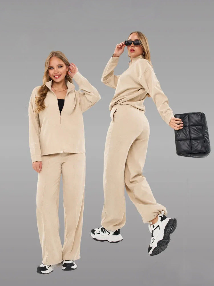 Damen sportliches Fleece-Set mit hohem Kragen und weitem Bein WW